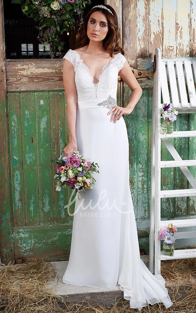 V-Neck Jeweled Satin&Chiffon Wedding Dress with Cap-Sleeves and Lace Sheath