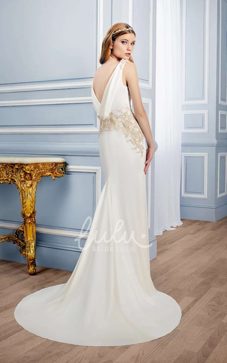 Sleeveless Bateau Appliqued Satin Wedding Dress with Court Train Sheath Bridal Gown