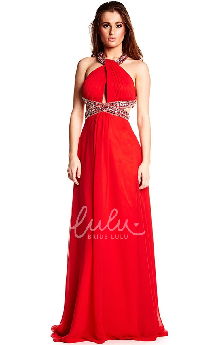 Maxi Beaded Chiffon Prom Dress Sleeveless Halter Brush Train