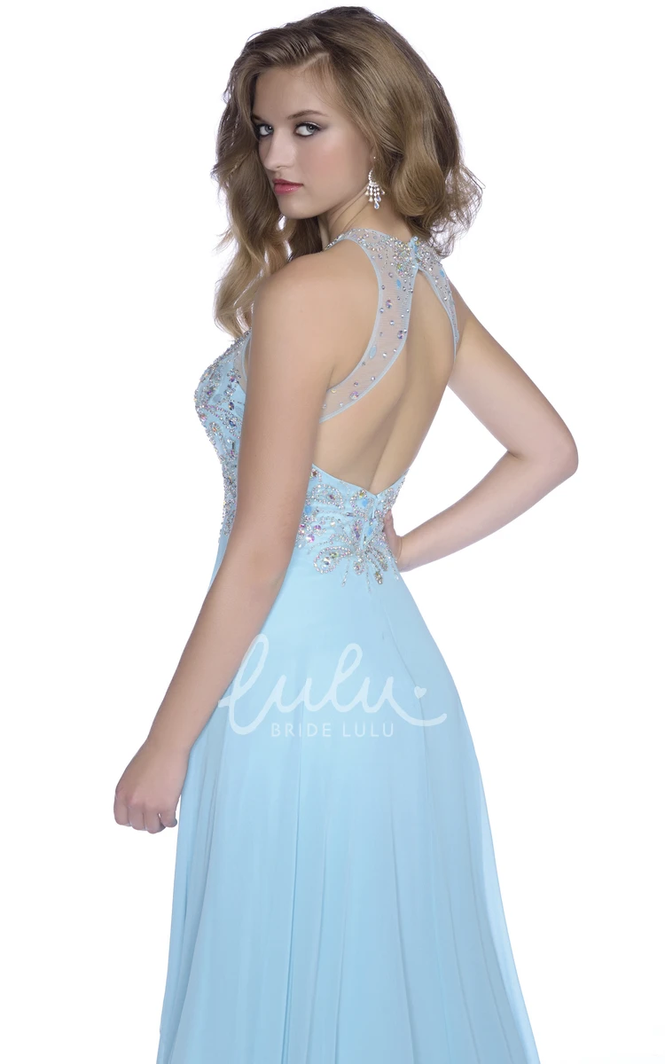 Sleeveless A-Line Chiffon Prom Dress with Beaded Bodice and Keyhole Back