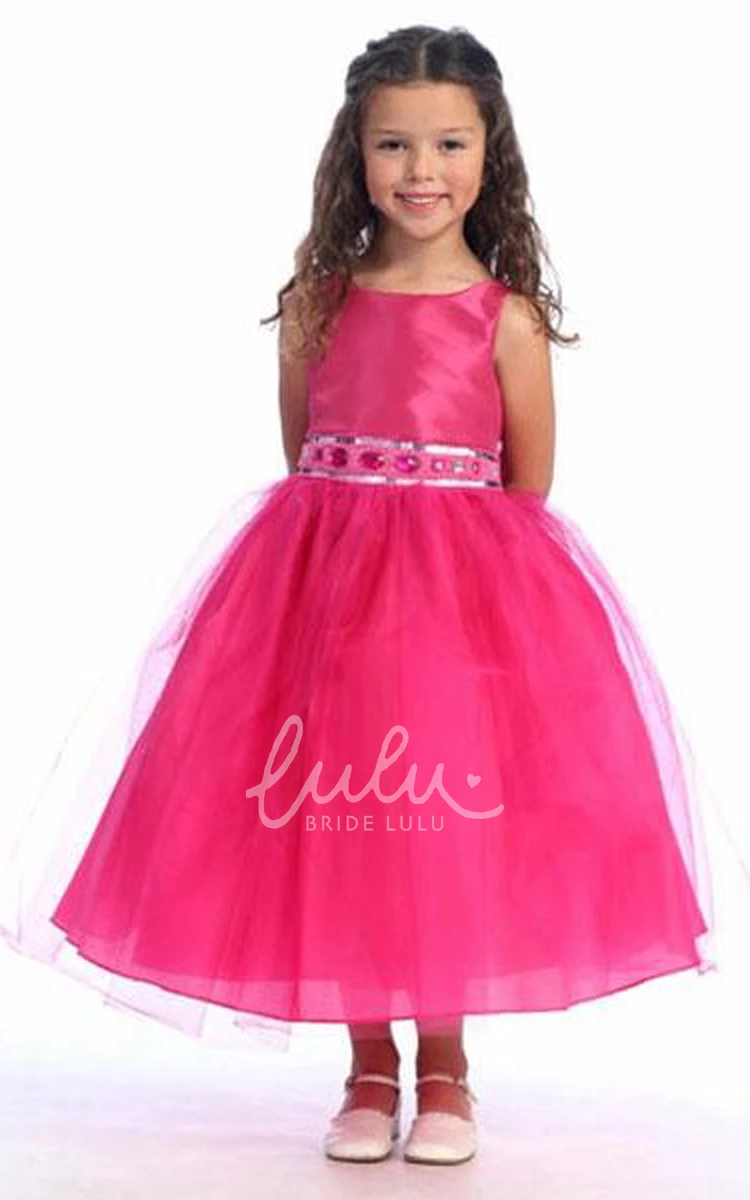 Floral Tulle Flower Girl Dress Jewel Neck Tea-Length