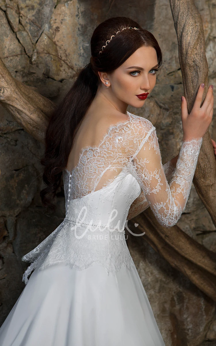 High-Neck Illusion-Sleeve A-Line Dress with Lace Appliques and Pleatings