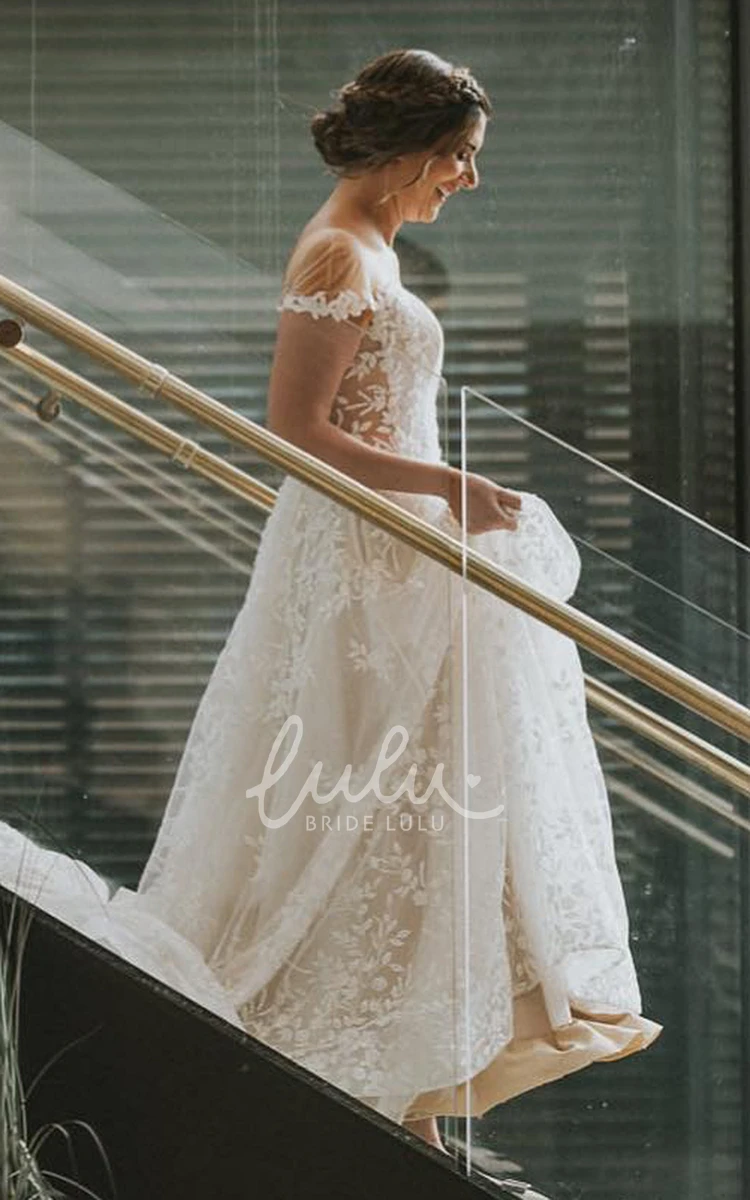 A-Line Lace Tulle Wedding Dress with Illusion Sleeves and Appliques Elegant