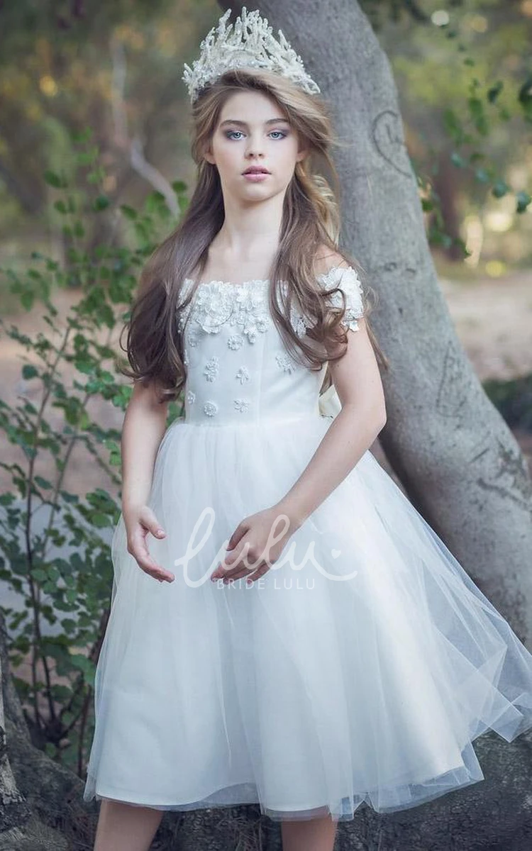 Appliqued Tea-Length Satin Flower Girl Dress with Embroidery