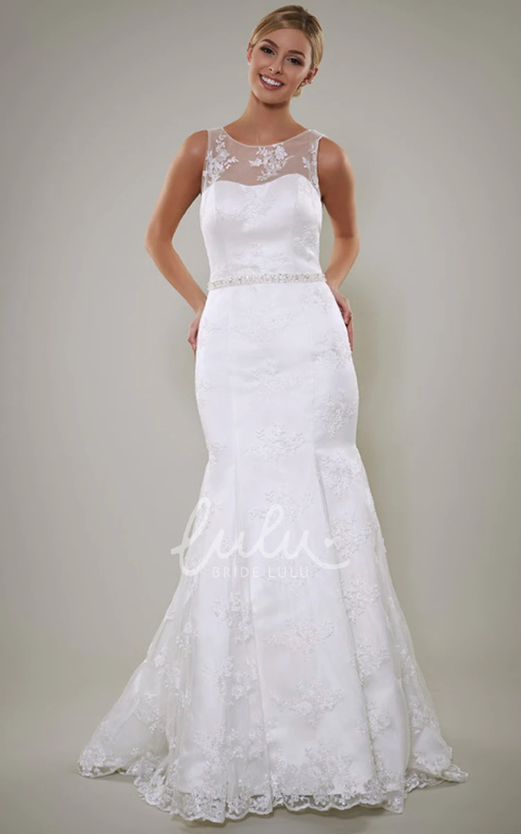 Appliqued Satin Sheath Wedding Dress with Low-V Back and Waist Jewelry