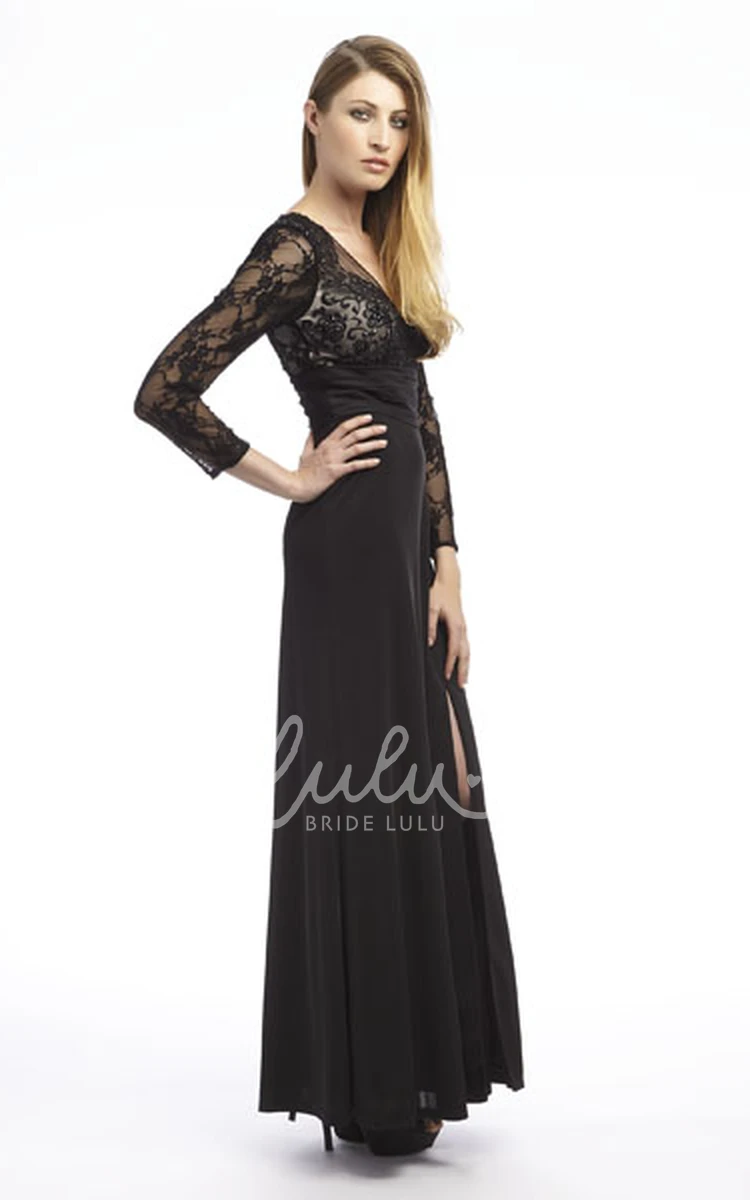 Chiffon Prom Dress with Beading and Split Front A-Line Appliqued Ankle-Length 3-4-Sleeve