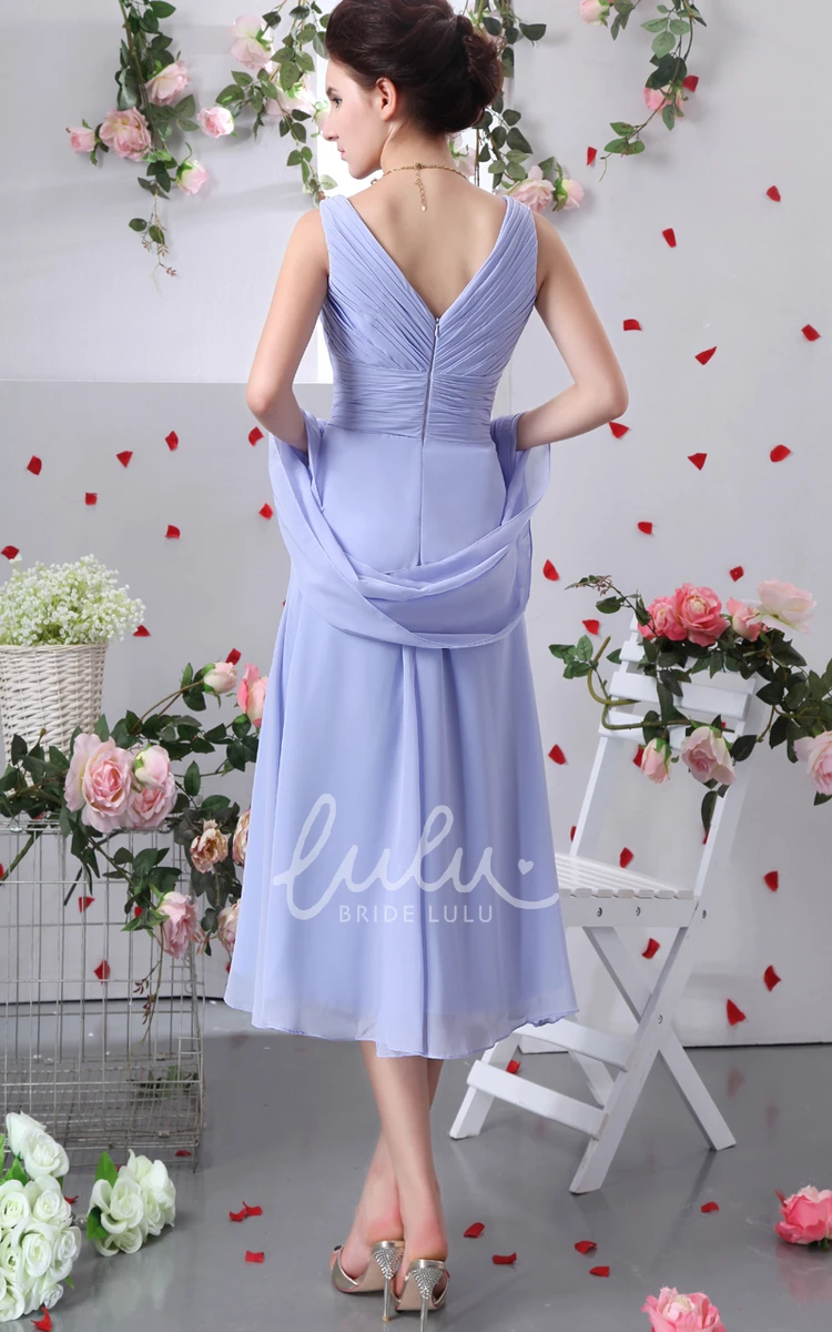 Chiffon V-Neck Mother of the Bride Dress with Ruching Tea-Length Elegant 2024