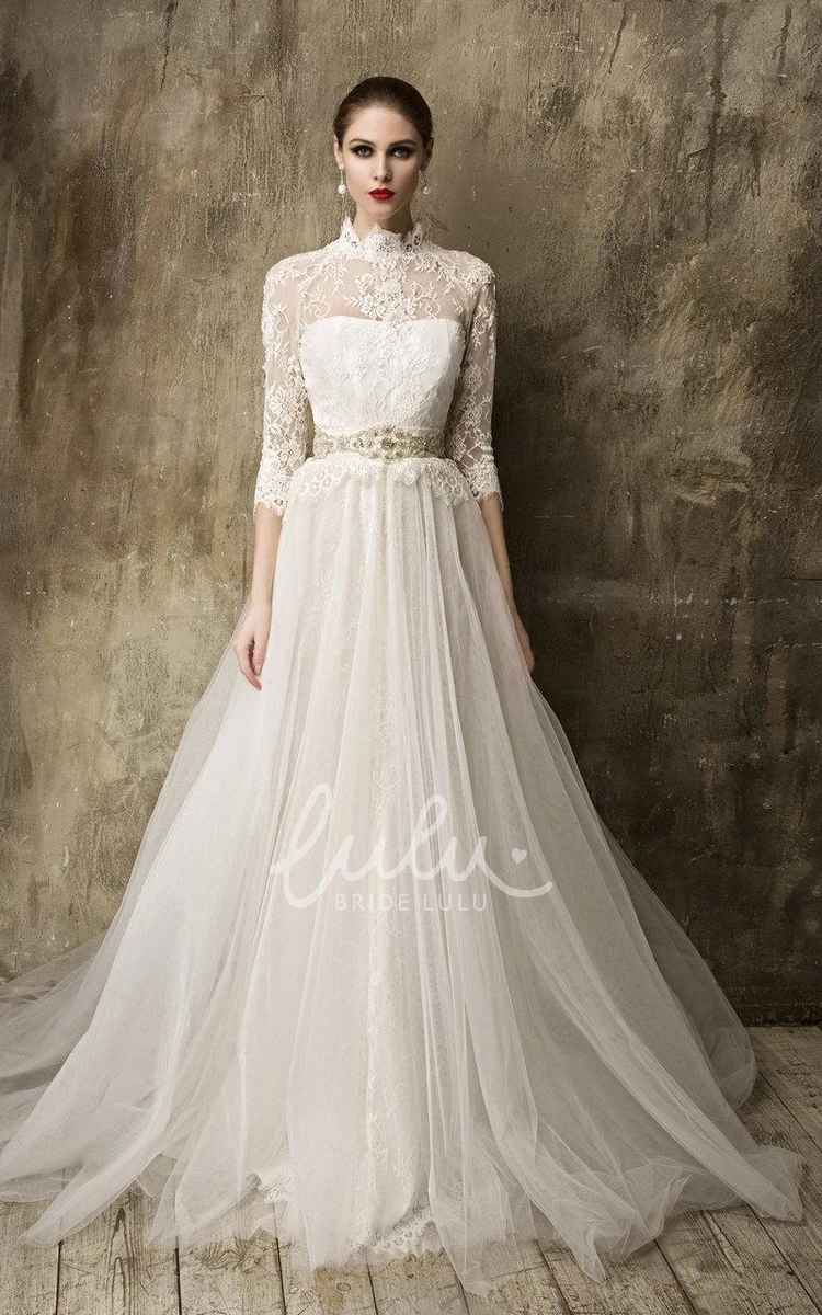 Detachable Tulle Skirt A-Line Tulle Wedding Dress with High Neck and 3/4 Sleeves