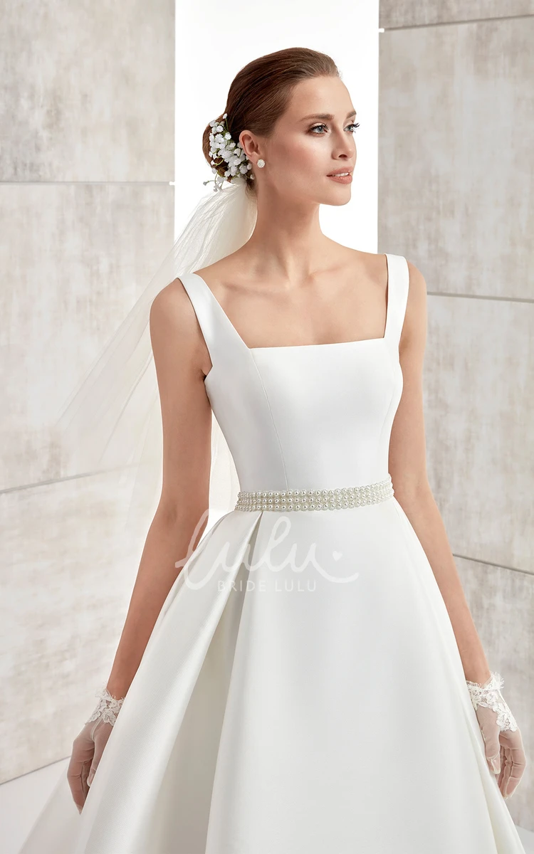 Satin A-Line Wedding Dress with Beaded Belt and Brush Train