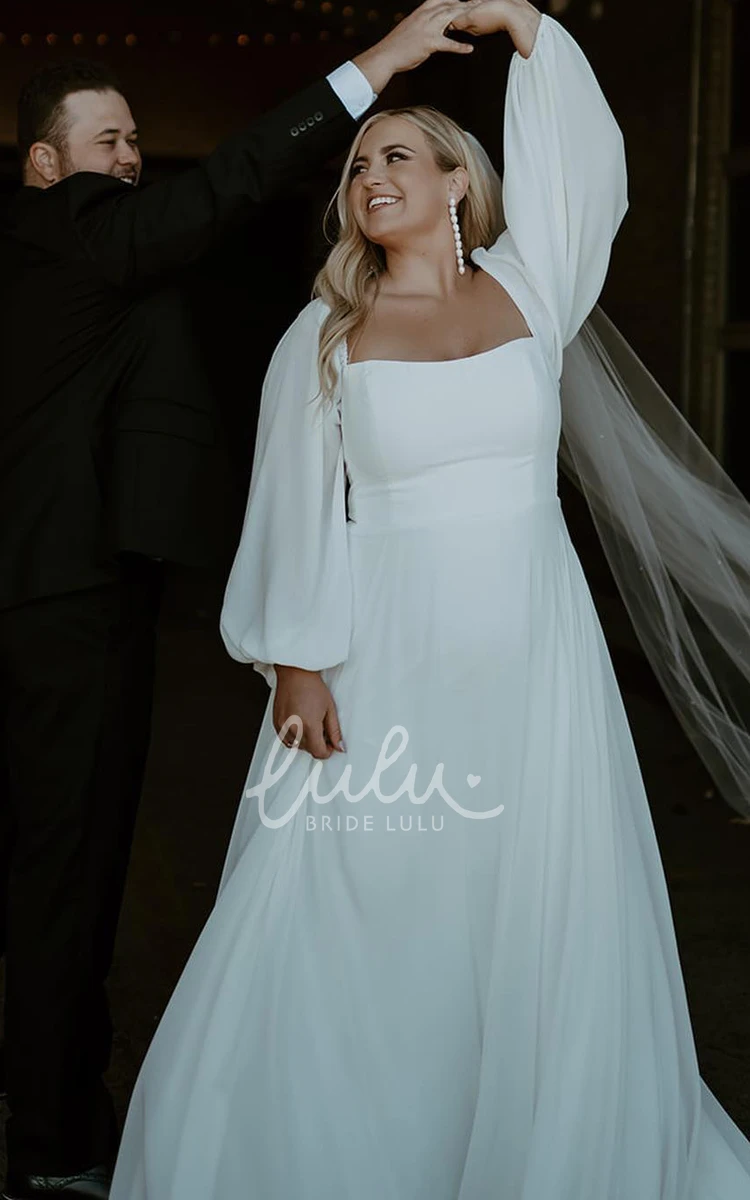A-Line Plus Size Charming Bubble Long Sleeve Sexy Low Cut Square Neck Chiffon Tail Wedding Dress