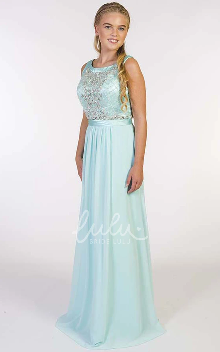 Beaded Scoop-Neck Chiffon Prom Dress Sleeveless Sheath Long