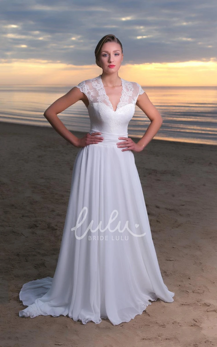 Long A-Line Chiffon & Lace Wedding Dress with Cap Sleeves V-Neck & Flowy