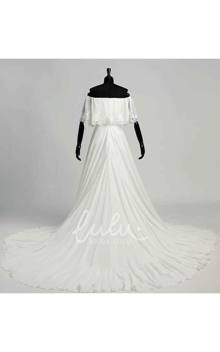 Chiffon A-line Lace Wedding Dress with Off-the-shoulder Neckline and Pleats