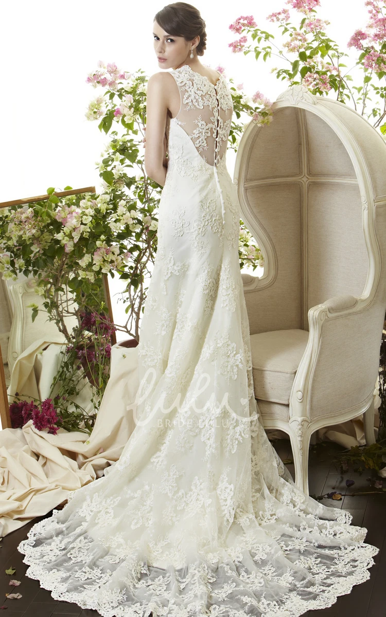 Lace Illusion Back Sheath Wedding Dress with Appliques and Court Train