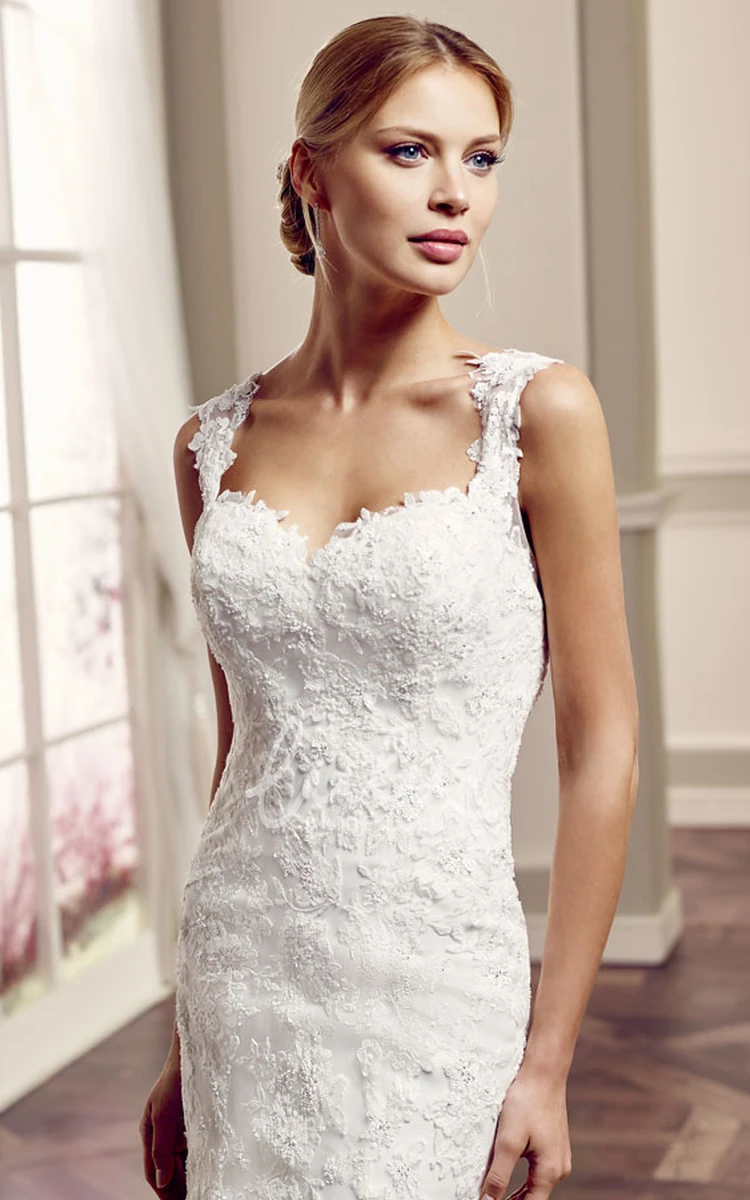 Floor-Length Lace&Tulle Wedding Dress with Appliques and Brush Train Modern Bridal Dress