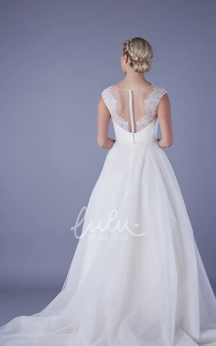 A-line Tulle Ball Gown with Illusion Lace V-neck and Back for Brides