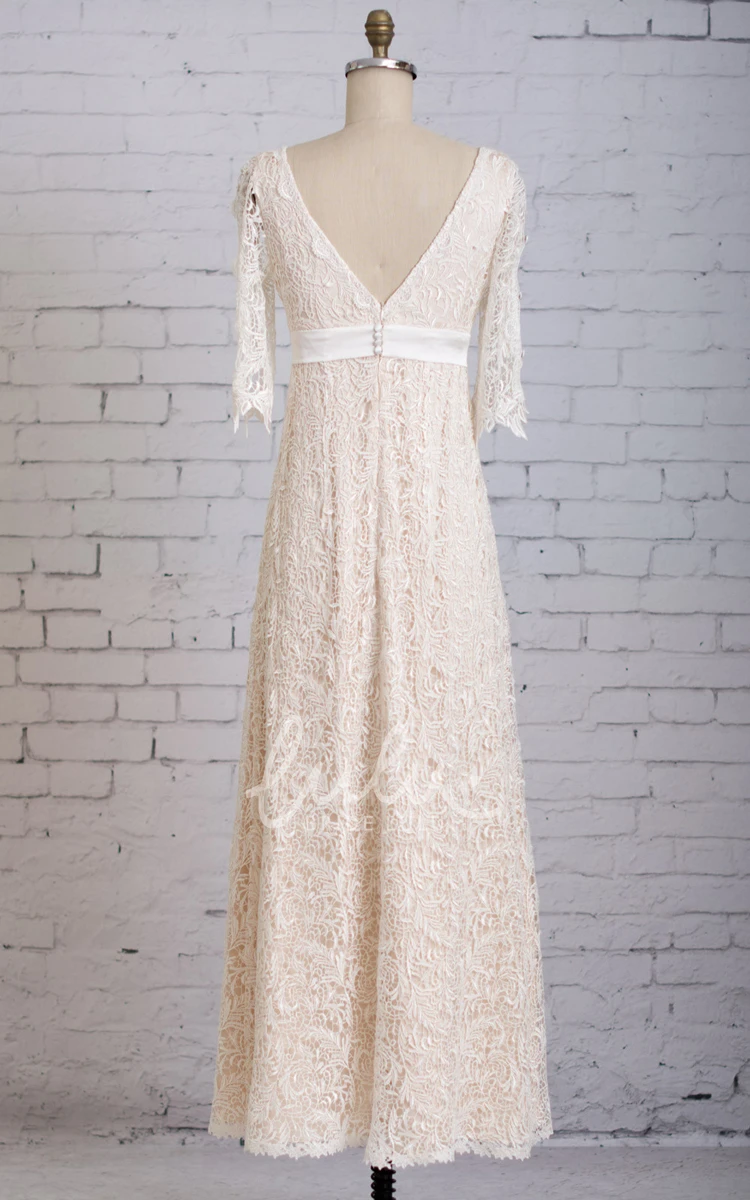 Half-Sleeved Lace Column Dress with Illusion Neck and V-Back