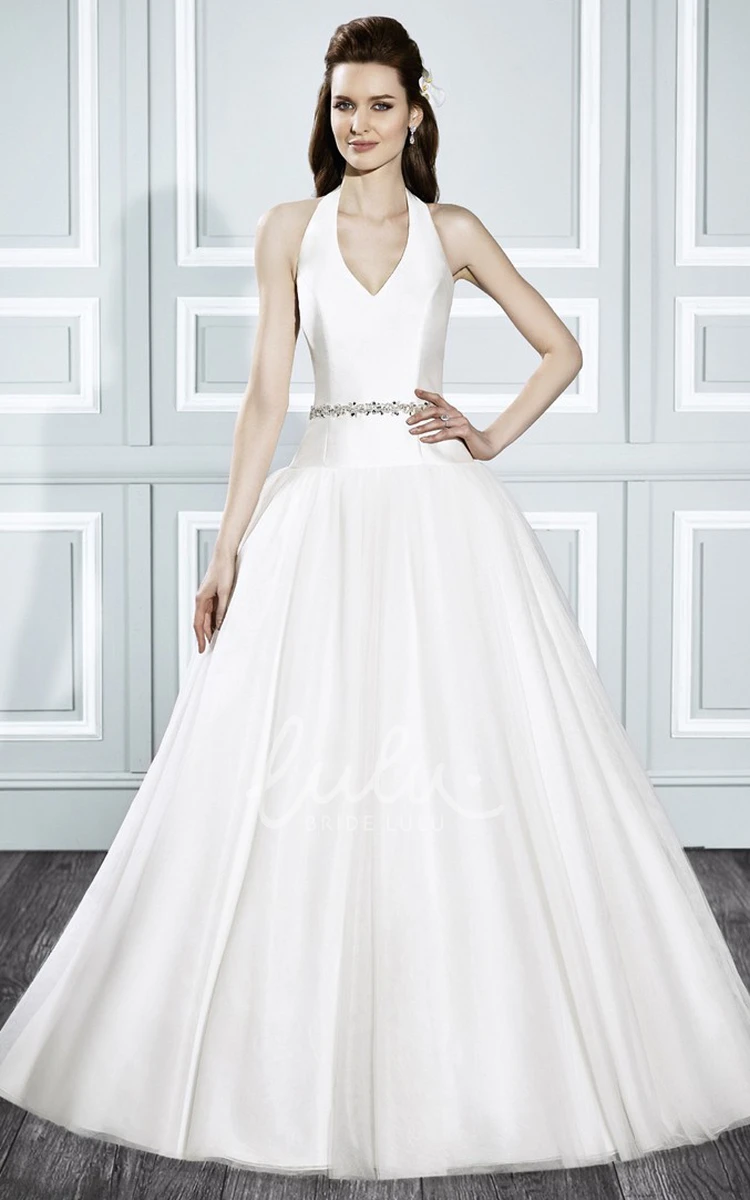 Jeweled Strapless Satin Wedding Dress with Court Train Ball Gown Style