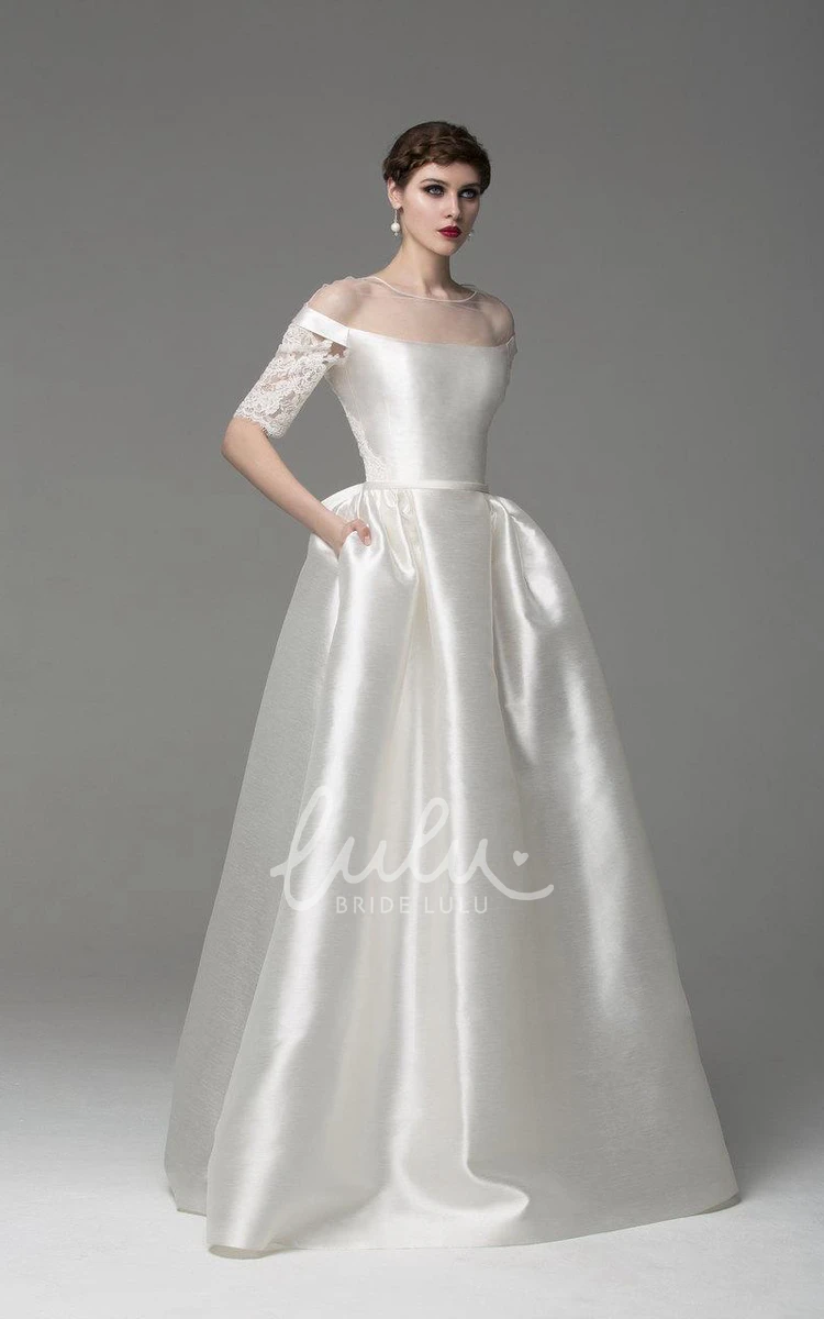 Satin Off-Shoulder Wedding Dress with Long Lace Sleeves