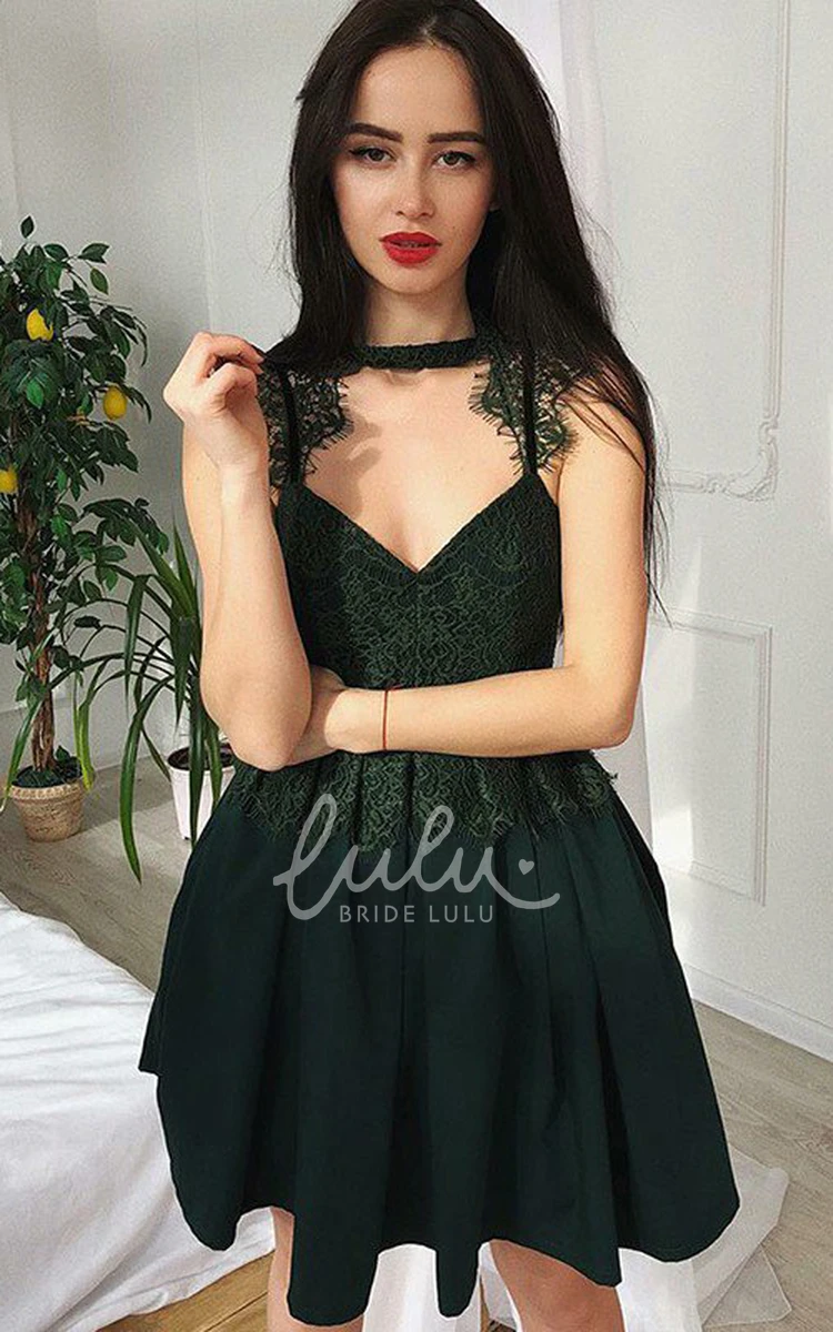 Lace Sleeveless A-line Mini Homecoming Dress with High Neck and V-neck