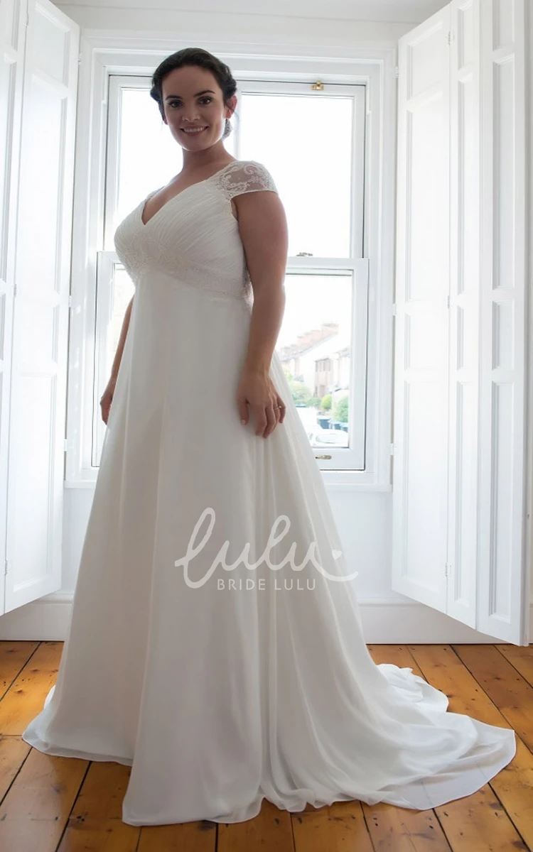 A-Line Chiffon Beaded Wedding Dress with V-Neck and Short Sleeves