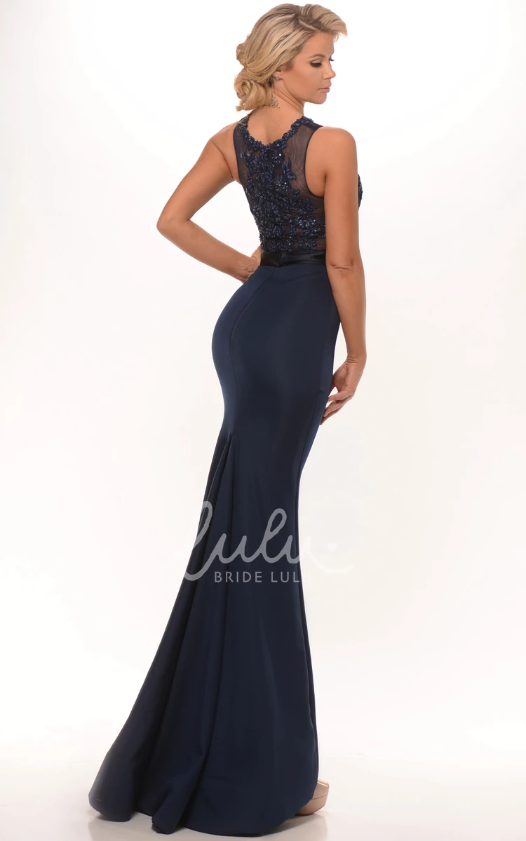 High Neck Sleeveless Satin Mermaid Prom Dress Appliqued Classy