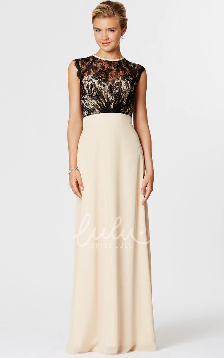 High Neck Chiffon Bridesmaid Dress with Lace Bodice and Illusion Back in Sleeveless Style