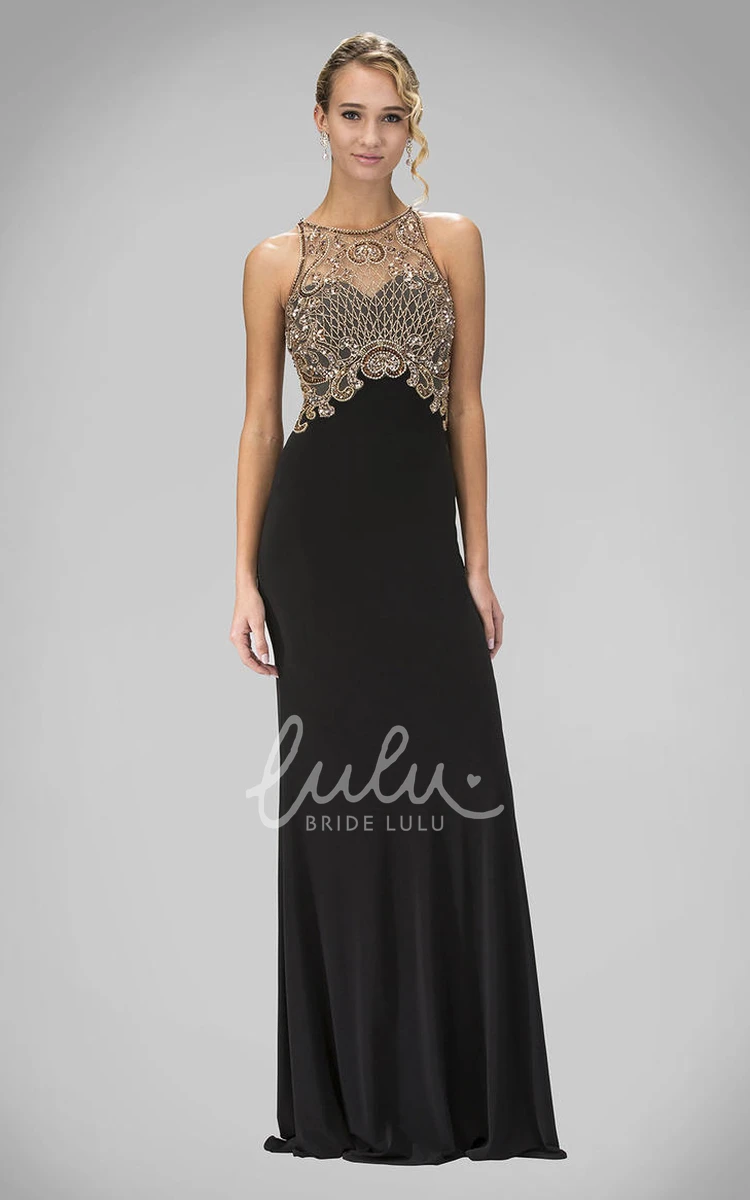 Illusion Scoop-Neck Sheath Jersey Prom Dress with Beading