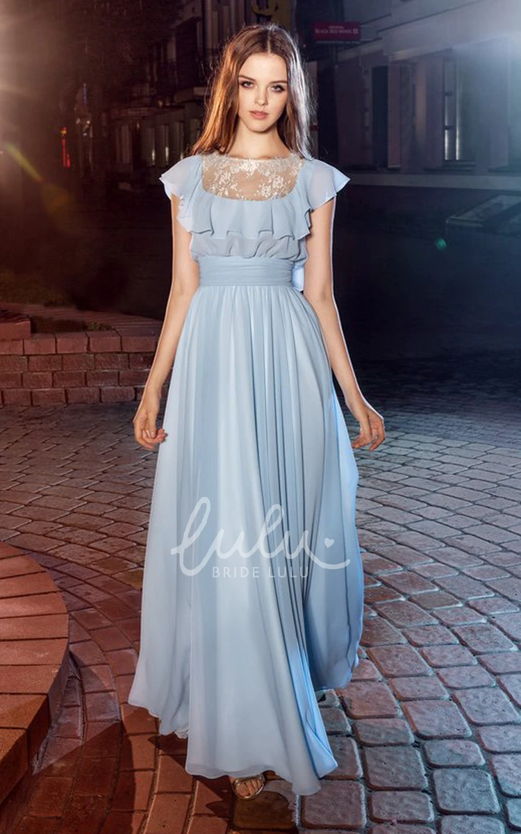 Chiffon Poet-Sleeve A-Line Formal Dress with Lace and Draping