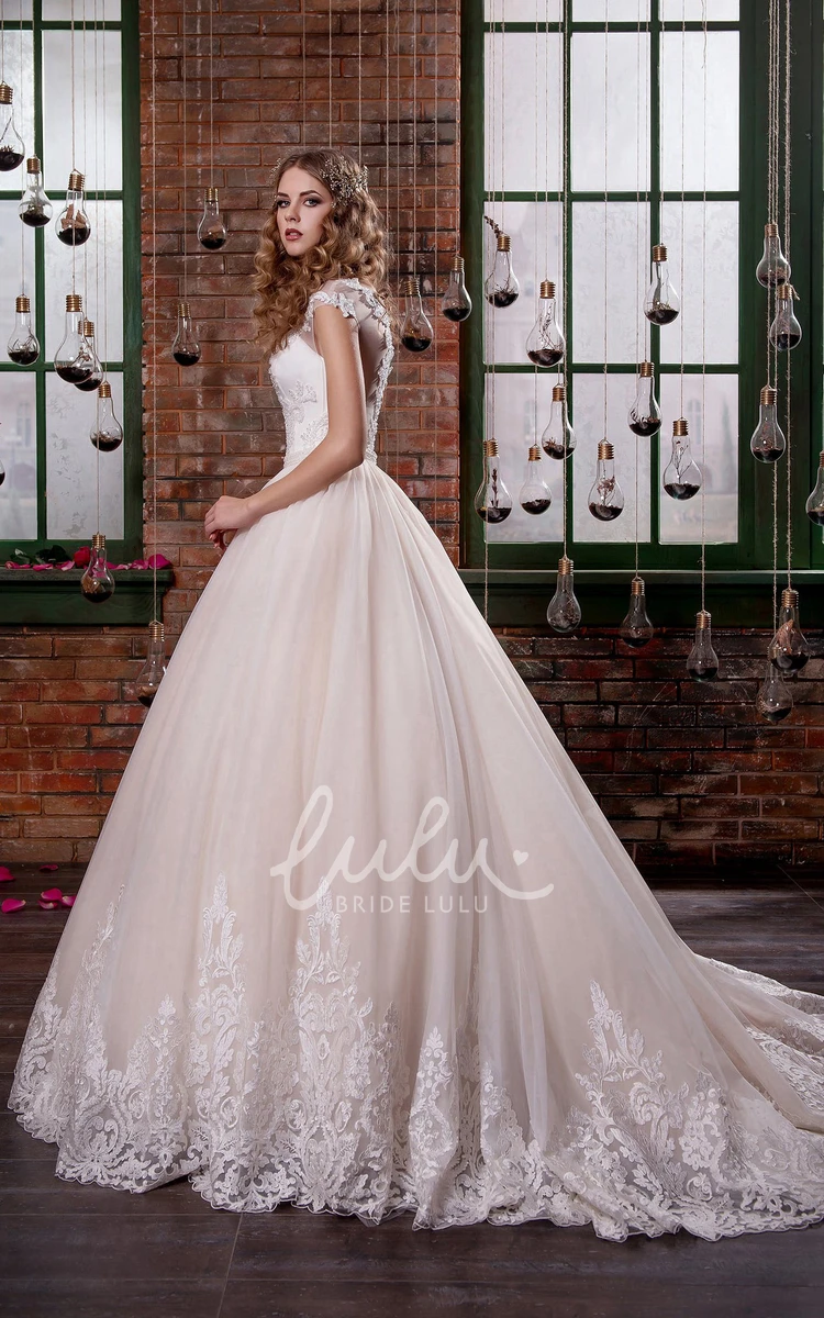 Ball Gown Illusion Tulle Dress With Appliques and Draping for Brides