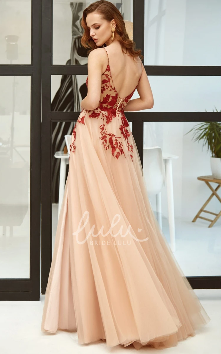 Modern Tulle A-Line Prom Dress V-neck Floor-length Open Back Appliques