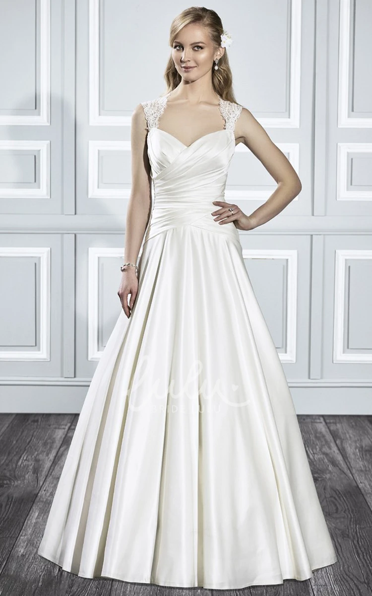 Queen-Anne Floor-Length Satin Wedding Dress with Illusion Back A-Line Style