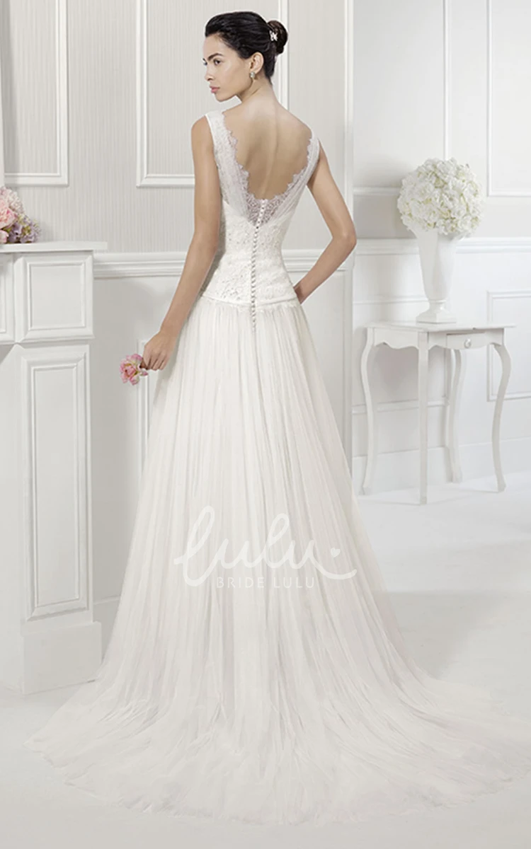 Lace Top Tulle Bridal Gown with Belt V-Neck V-Back