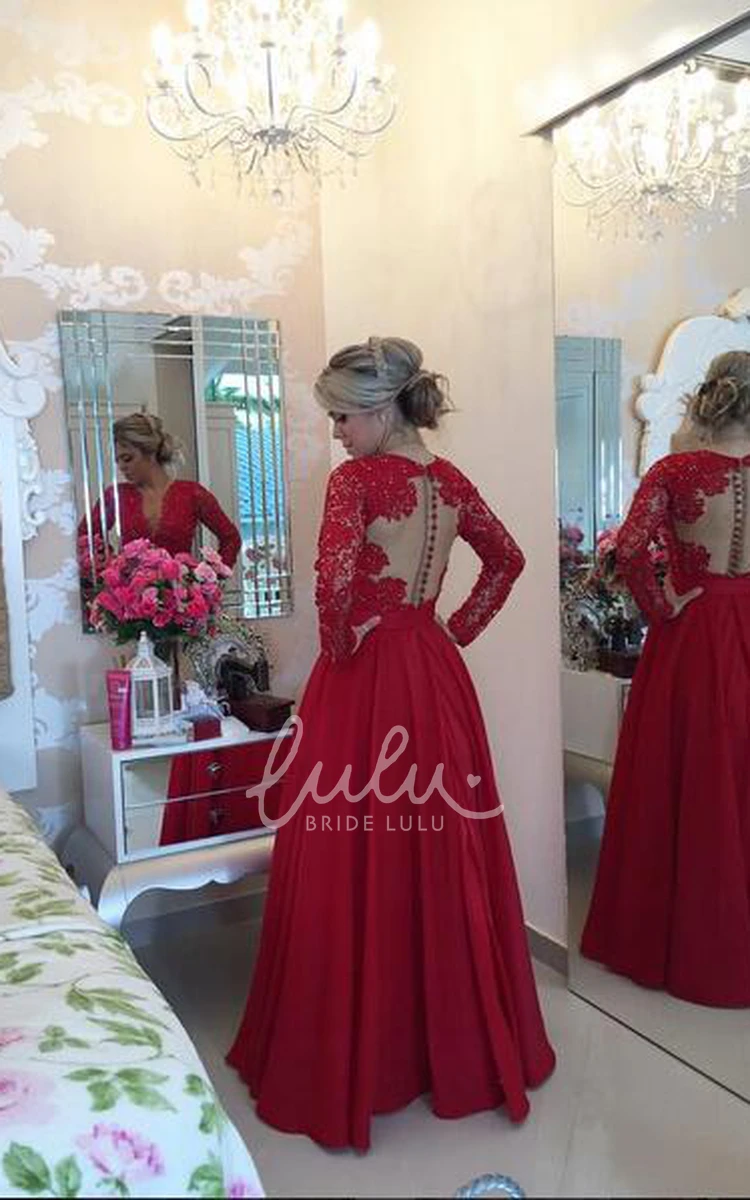 Long Sleeve Red Chiffon Prom Dress Delicate & Pearled