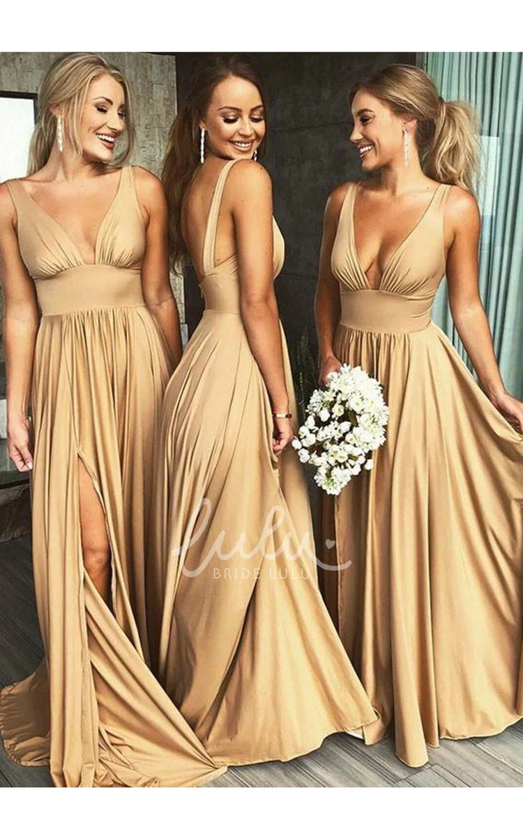 Empire Sleeveless Bridesmaid Dress with Plunging V-neck Front Split and Pleats