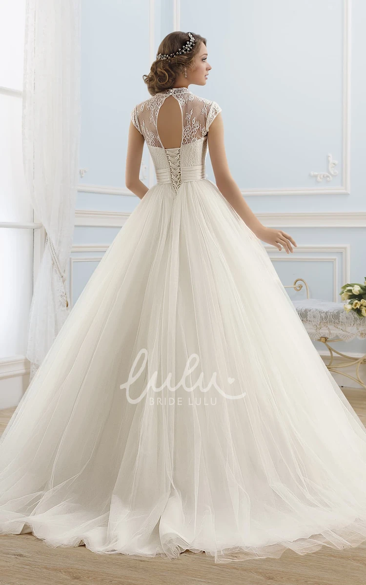 Satin Illusion Ball Gown Dress with High-Neck and Lace Detail