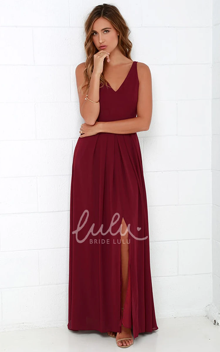 Front Split Chiffon A-line Prom Dress with V-neck