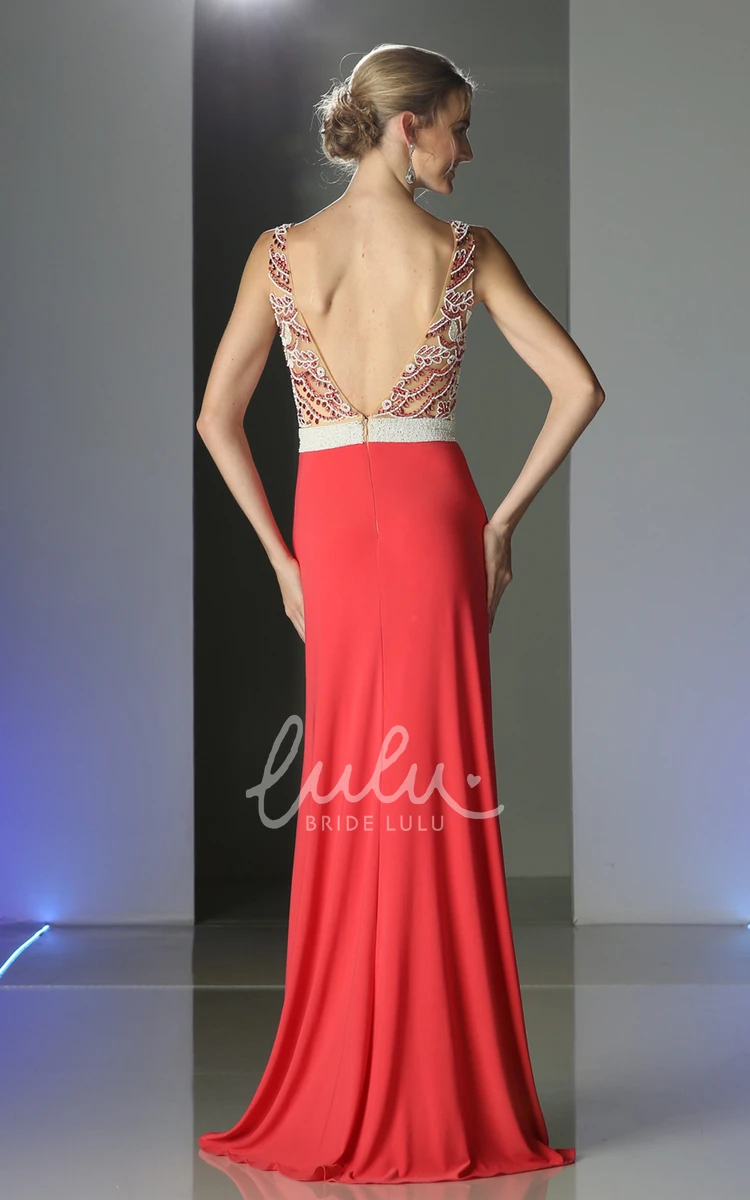 Sleeveless Sheath Jersey Formal Dress with Beading and Split Front