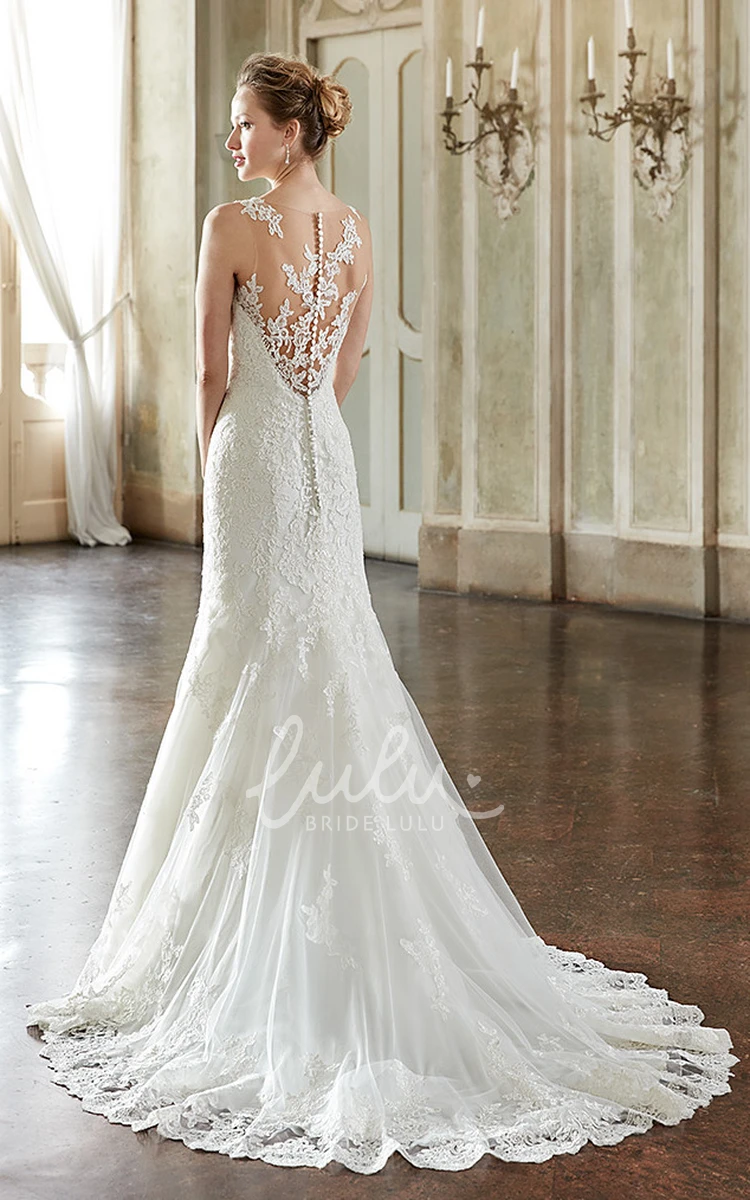 Floor-Length Lace Sheath Wedding Dress with Scoop-Neck and Applique