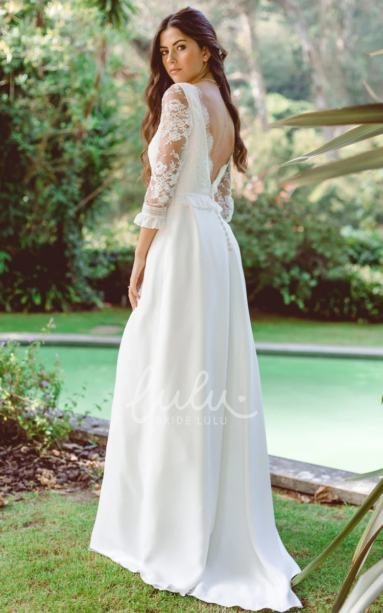 3/4 Length Sleeve Chiffon A Line Wedding Dress with Floor-length and Appliques Bohemian Style