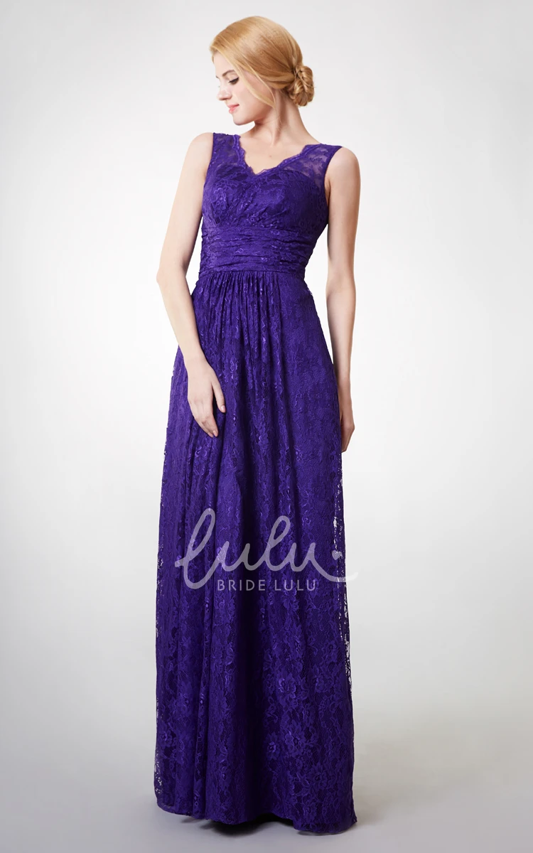 Long Lace Bridesmaid Dress with Country Style V-neck