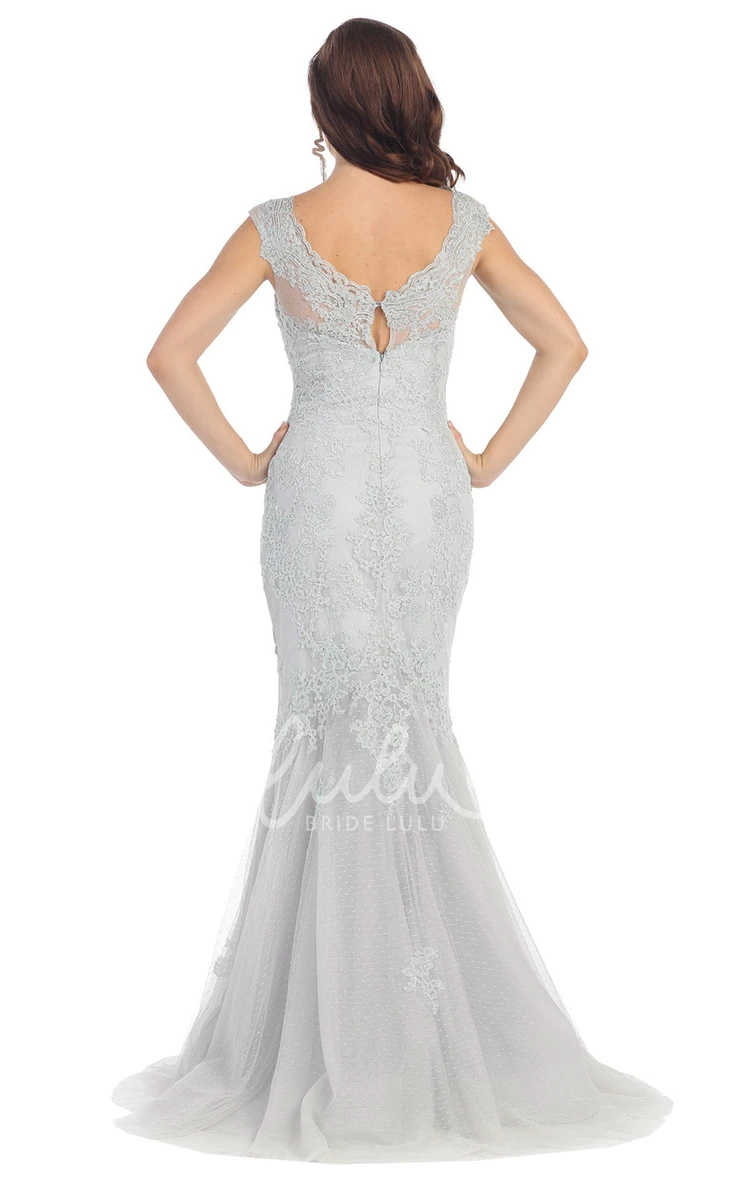 Mermaid Tulle Applique Short Sleeve Low-V Back Dress