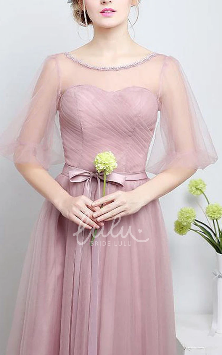 Simple A-line Illusion Dress with Flower Sash and Tulle