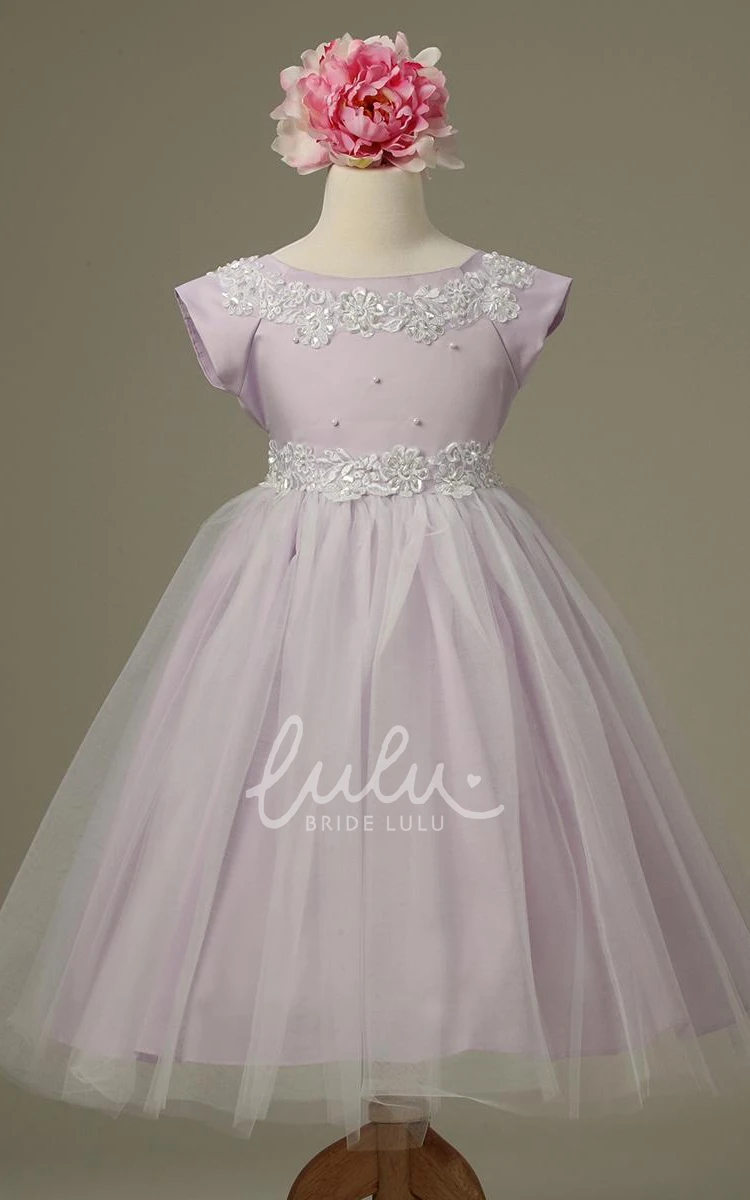 Appliqued Tulle&Lace Cap-Sleeve Flower Girl Dress Tea-Length Classy