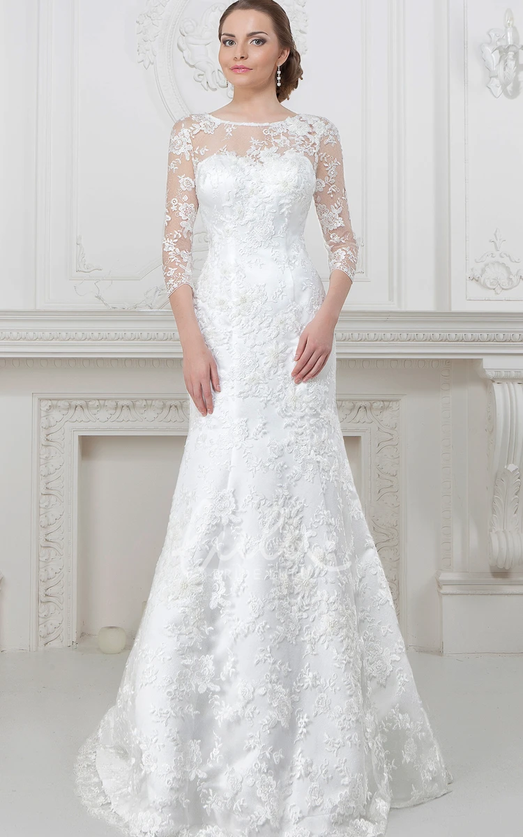 A-Line Lace Wedding Dress with Illusion Scoop-Neck 3-4-Sleeves