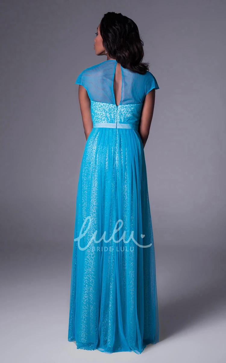 Illusion Cap-Sleeve V-Neck Chiffon Bridesmaid Dress with Beading and Ruching