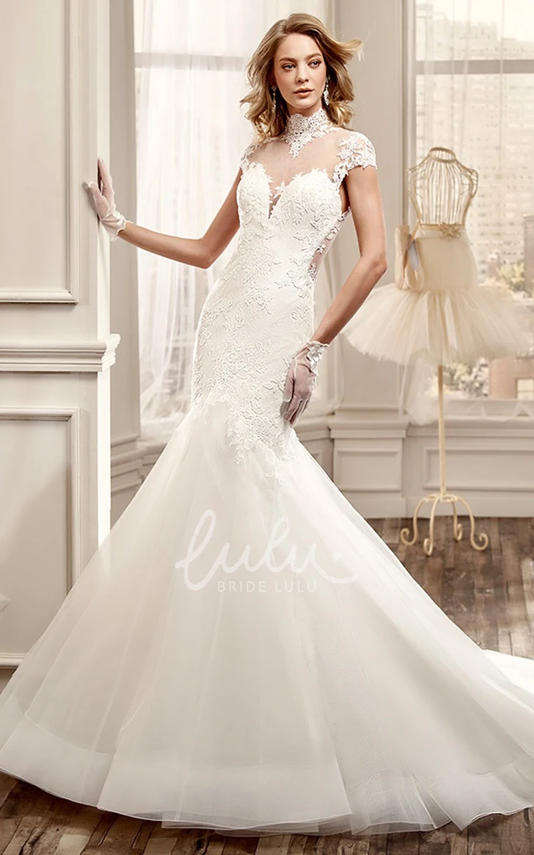 Illusive Back Mermaid Wedding Dress with High Neck and Appliques