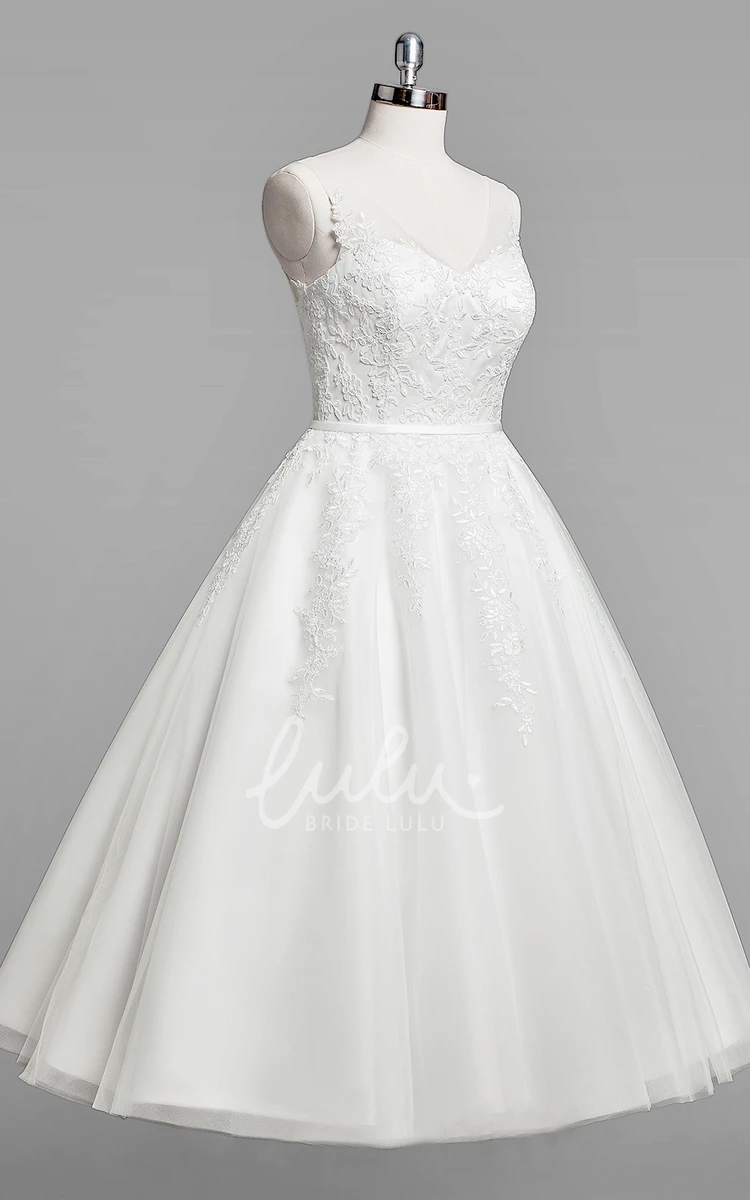 Sleeveless A-Line Lace Tea-Length Wedding Dress with V-Neck