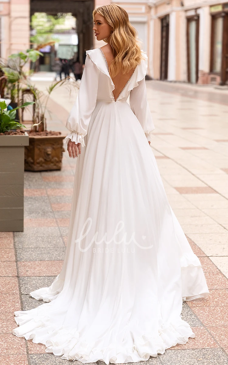 Chiffon V-neck A Line Wedding Dress with Ruching and Court Train Elegant and Flowy