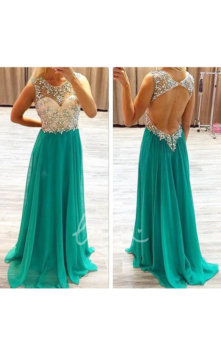 Illusion Crystals Chiffon Formal Dress with Sweep Train Newest Arrival